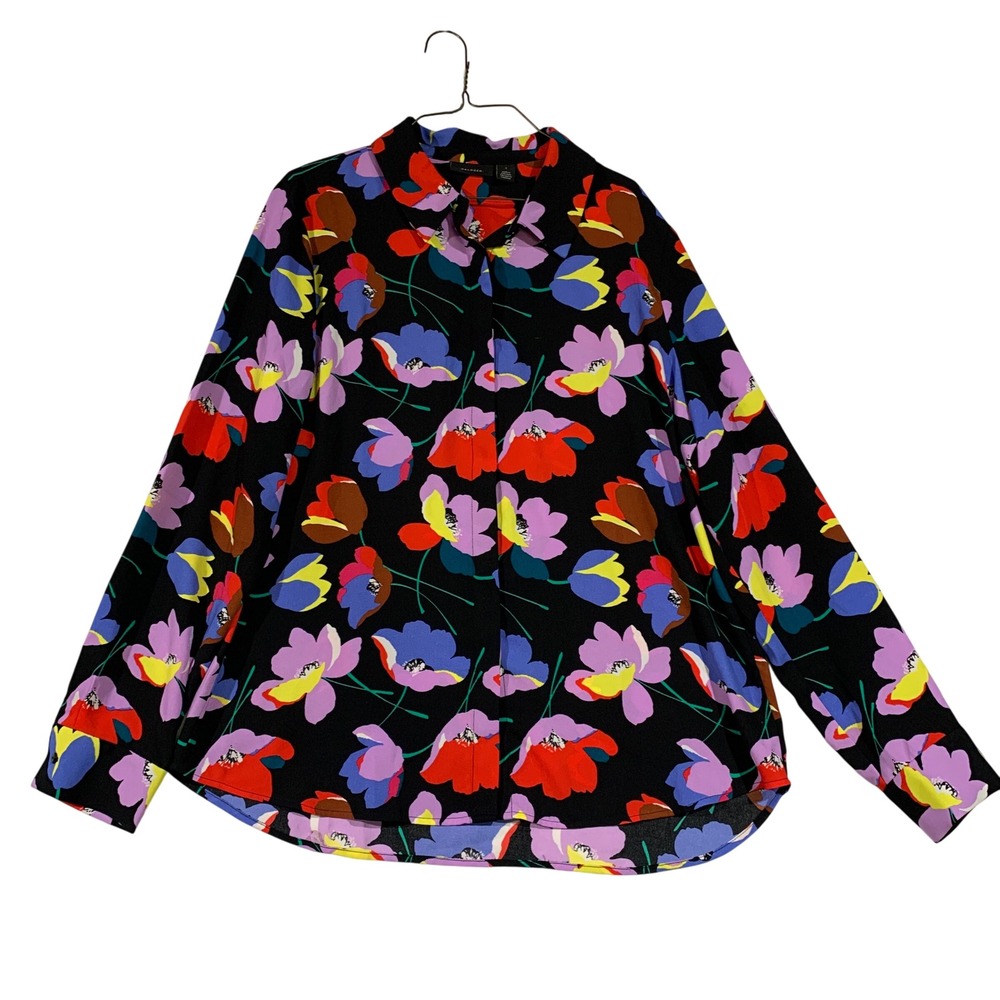 Halogen Womens Floral Print Long Sleeve Button Down Shirt Black Size Large